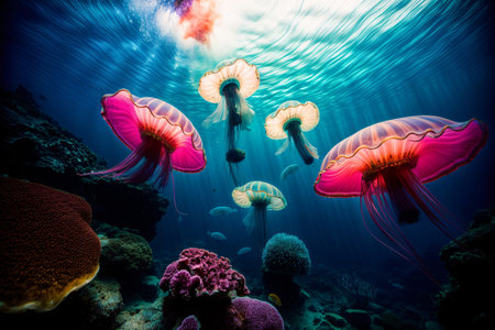 A Group Of Jellyfish Swimming In The Ocean. Generative AIの素材