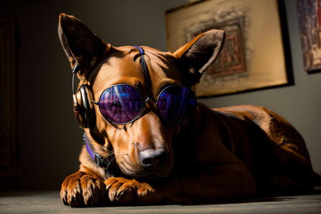 A Dog Wearing Sunglasses And Sitting On The Floor. Generative AIの素材