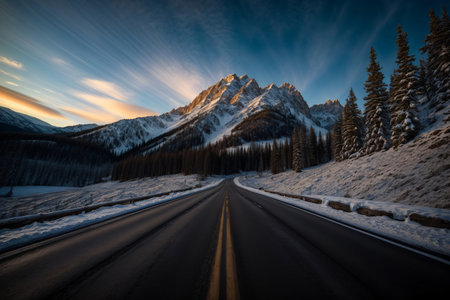 A Snow Covered Road With A Mountain In The Background. Generative AIの素材