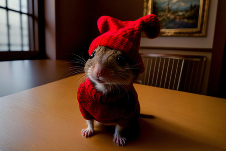 A Small Rodent Wearing A Red Sweater And A Red Hat. Generative AIの素材