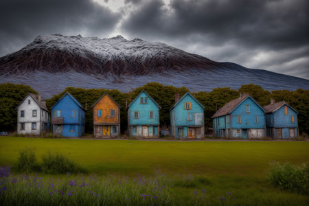 A Painting Of A Row Of Houses In Front Of A Mountain. Generative AIの素材