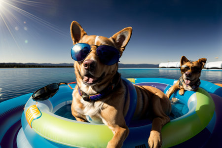 A Couple Of Dogs Sitting On Top Of An Inflatable Raft. Generative AIの素材