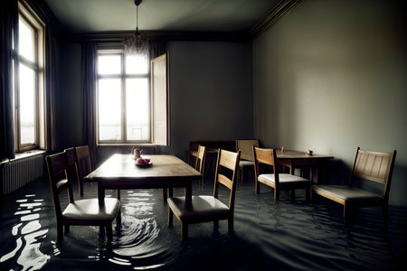 A Table And Chairs In A Room With Water On The Floor. Generative AIの素材