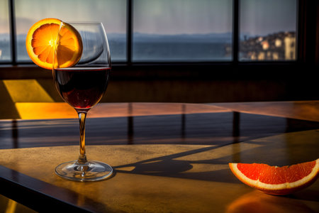 A Glass Of Wine And Half Of An Orange On A Table. Generative AIの素材