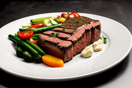 A White Plate Topped With Meat And Veggies. Generative AIの素材