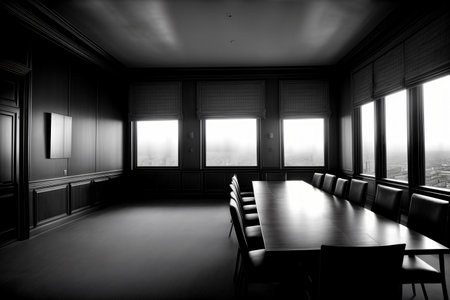 A Black And White Photo Of A Conference Room. Generative AIの素材