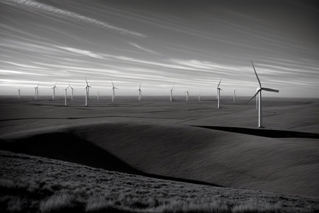 A Black And White Photo Of A Wind Farm. Generative AIの素材