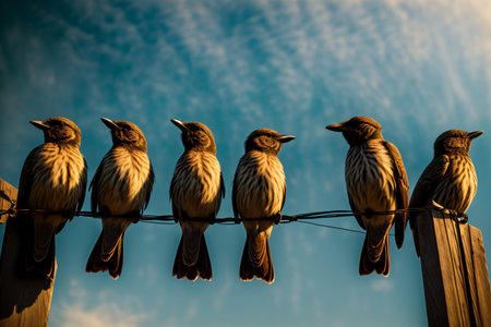 A Group Of Birds Sitting On Top Of A Power Line. Generative AIの素材