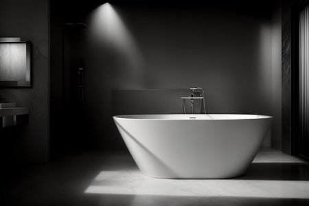 A White Bath Tub Sitting In A Bathroom Next To A Sink. Generative AIの素材