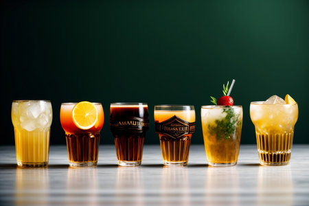 A Row Of Glasses Filled With Different Types Of Drinks. Generative AIの素材