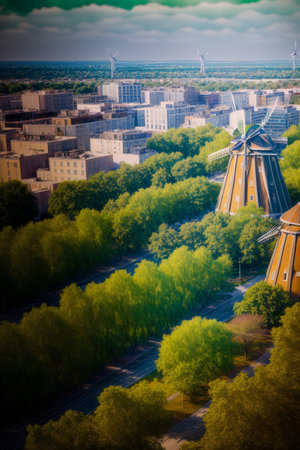 A Painting Of A Windmill Surrounded By Trees. Generative AIの素材
