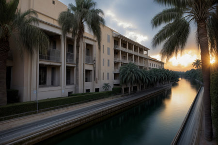 A River Running Between Two Buildings Next To Palm Trees. Generative AIの素材