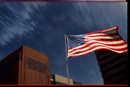 A Large American Flag Flying Next To A Tall Building. Generative AIの素材