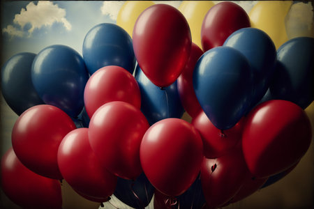 A Bunch Of Red, Blue, And Yellow Balloons. Generative AIの素材