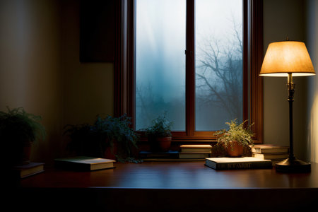 A Lamp Sitting On Top Of A Table Next To A Window. Generative AIの素材