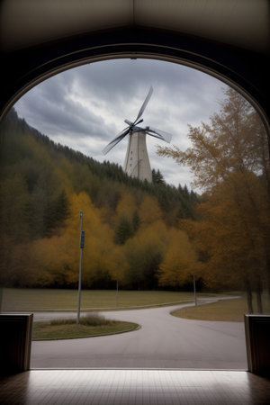 A Windmill Sitting On Top Of A Lush Green Hillside. Generative AIの素材