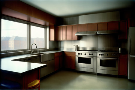 A Kitchen With Stainless Steel Appliances And A Large Window. Generative AIの素材