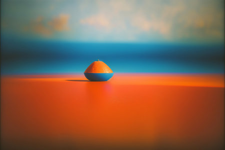 An Orange Sitting On Top Of A Table Next To A Blue Sky. Generative AIの素材