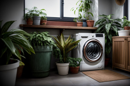A Washing Machine In A Room With Potted Plants. Generative AIの素材