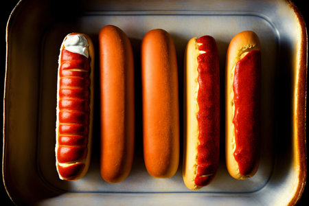 Four Hot Dogs In A Tray With Ketchup And Mustard. Generative AIの素材