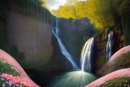 A Painting Of A Waterfall With Pink Flowers In The Foreground. Generative AIの素材