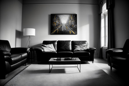 A Black And White Photo Of A Living Room. Generative AIの素材