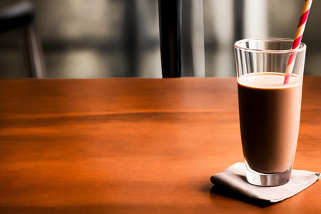 A Glass Of Milkshake Sitting On Top Of A Wooden Table. Generative AIの素材