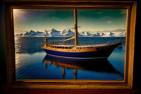 A Painting Of A Boat In The Water With Mountains In The Background. Generative AIの素材