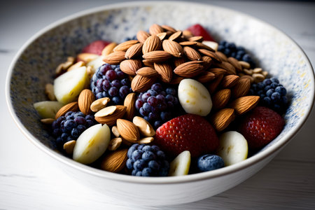 A Close Up Of A Bowl Of Fruit And Nuts. Generative AIの素材