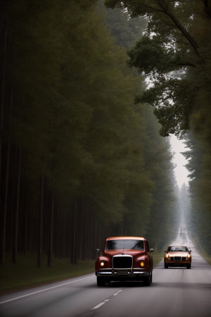 Two Cars Driving Down A Tree Lined Road. Generative AIの素材