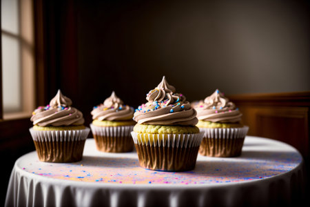 A Table Topped With Three Cupcakes Covered In Frosting. Generative AIの素材