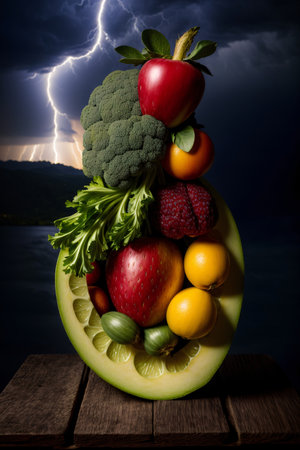 A Pile Of Fruits And Vegetables Sitting On Top Of A Wooden Table. Generative AIの素材