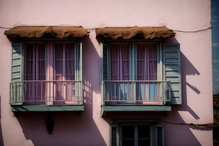 A Pink Building With Two Balconies And Green Shutters. Generative AIの素材
