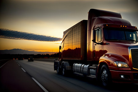 A Red Semi Truck Driving Down A Highway. Generative AIの素材