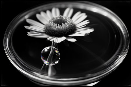 A Black And White Photo Of A Flower With A Drop Of Water. Generative AIの素材