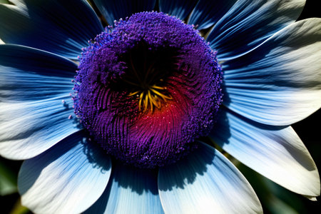 A Blue And White Flower With A Yellow Center. Generative AIの素材