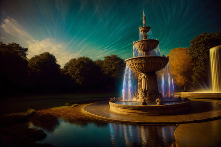 A Painting Of A Fountain In The Middle Of A Park. Generative AIの素材