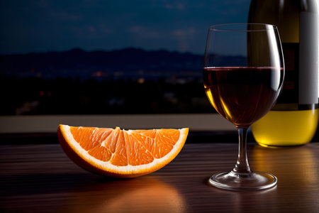 A Half Of An Orange Sitting Next To A Glass Of Wine. Generative AIの素材