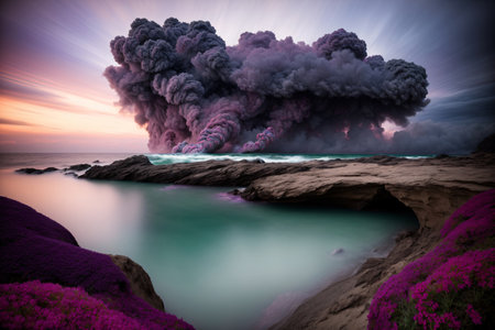 A Large Plume Of Smoke Coming Out Of A Cloud Over A Body Of Water. Generative AIの素材