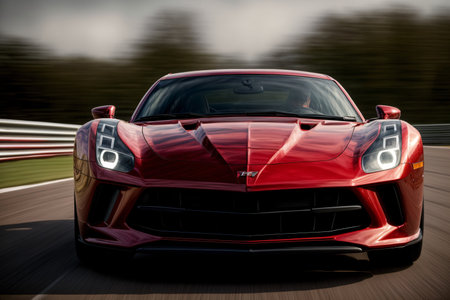 A Red Sports Car Driving Down A Race Track. Generative AIの素材