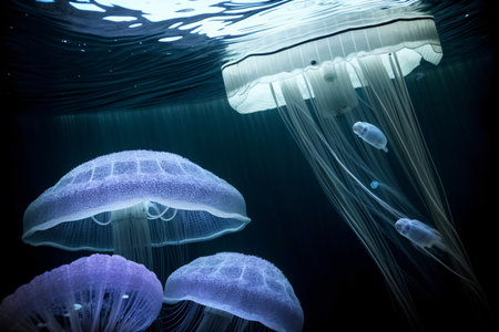 A Group Of Jellyfish Swimming Under Water. Generative AIの素材