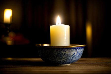 A Lit Candle In A Bowl On A Table. Generative AIの素材