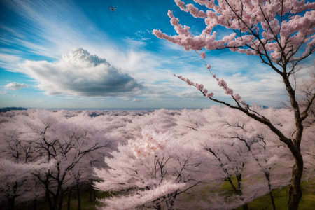A Tree With Pink Flowers In The Foreground And A Blue Sky In The Background. Generative AIの素材