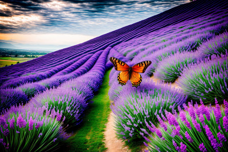 A Large Butterfly Flying Over A Lush Purple Field. Generative AIの素材