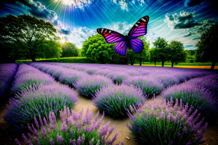 A Purple Field With A Butterfly Flying Over It. Generative AIの素材