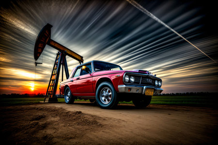 A Red Truck Parked In Front Of An Oil Pump. Generative AIの素材