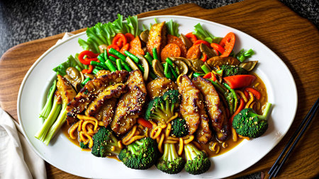 A White Plate Topped With Meat And Veggies. Generative AIの素材