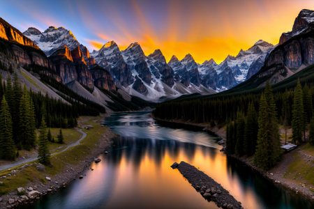 A Beautiful View Of A Mountain Range With A Lake In The Foreground. Generative AIの素材
