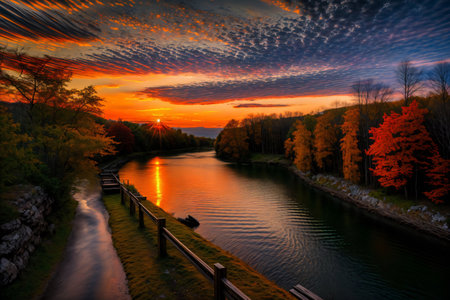 A Body Of Water Surrounded By Trees With A Sunset In The Background. Generative AIの素材