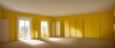 An Empty Room With Yellow Walls And Doors. Generative AIの素材